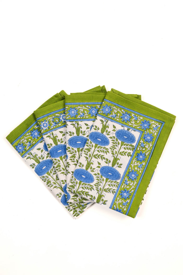 Blue Araminta Blockprint Cotton Napkins — four matching Blue Araminta napkins fanned out; Inner Child
