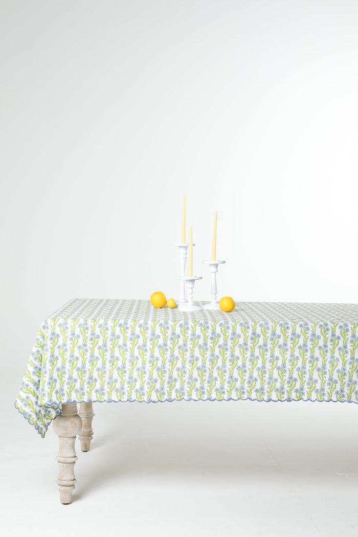 Forget-Me-Not Scalloped Blockprint Cotton Tablecloth — full table showing the cloth drape and scalloped edge; Inner Child