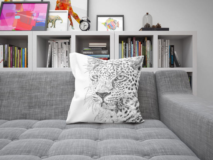 Leopard Big Cat Wildlife Throw Pillow Cover, Animal Pillow, Artist Pillow, Black White Pillow, Housewarming Gift, Indoor Pillow Cases
