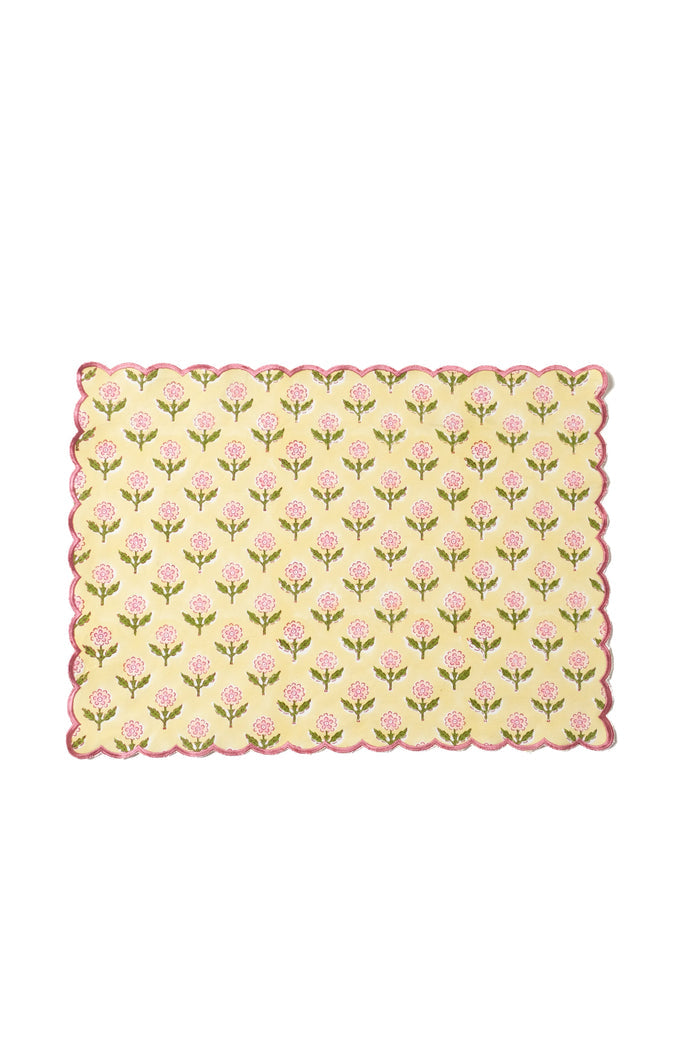 Mona Butter Yellow Scalloped Cotton Placemat — full placemat showing Pink motifs and scalloped edge; Inner Child