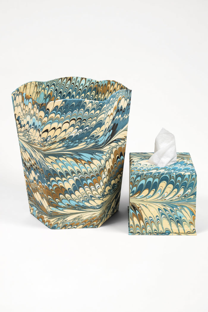 Nila Feathers Marbled Tissue Box Cover — tissue box beside a separately sold matching wastebasket; Inner Child