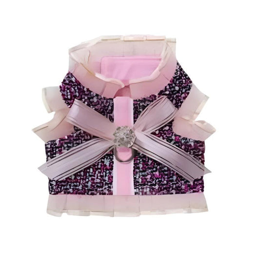 Pooch Outfitters Harnesses XL Addison Tweed and Pink Bow with Bling Brooch Dog Harness