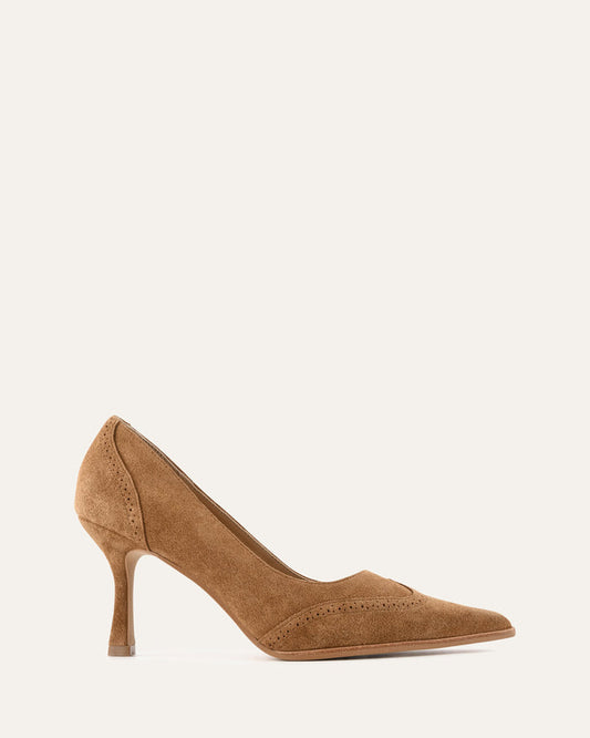 Brown suede high heel shoe on a white background