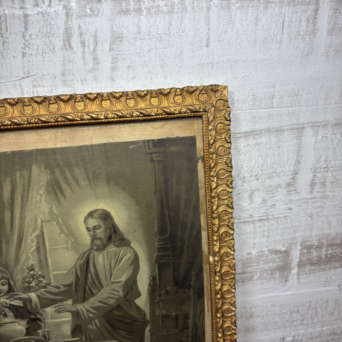 Antique Framed Jesus Blessing the Meal Print