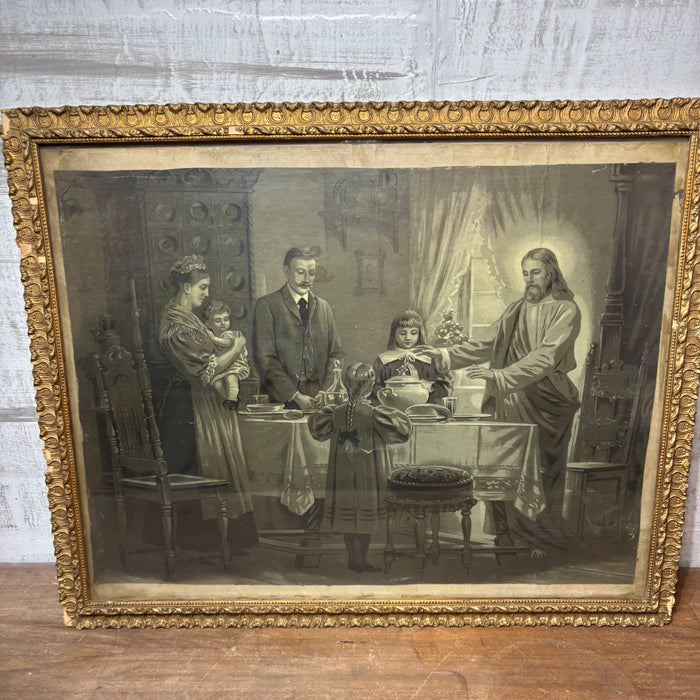 Antique Framed Jesus Blessing the Meal Print