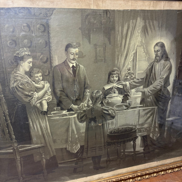Antique Framed Jesus Blessing the Meal Print
