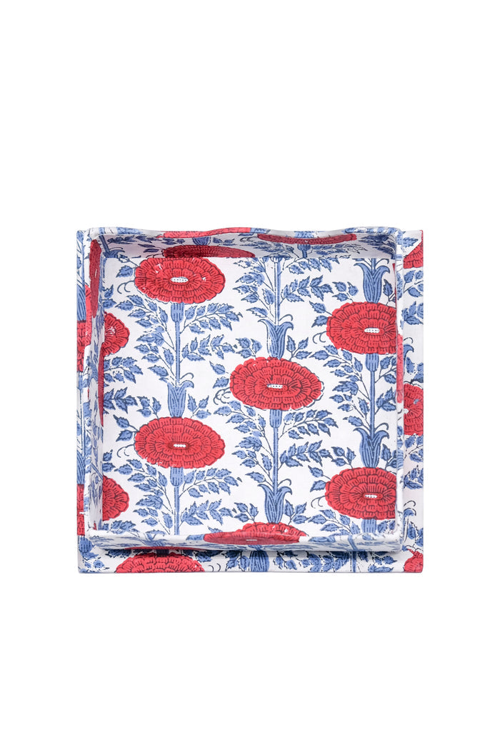 Araminta Blockprint Scalloped Cocktail Napkin and Trinket Tray — overhead view of the Red poppy pattern and scalloped rim; Inner Child