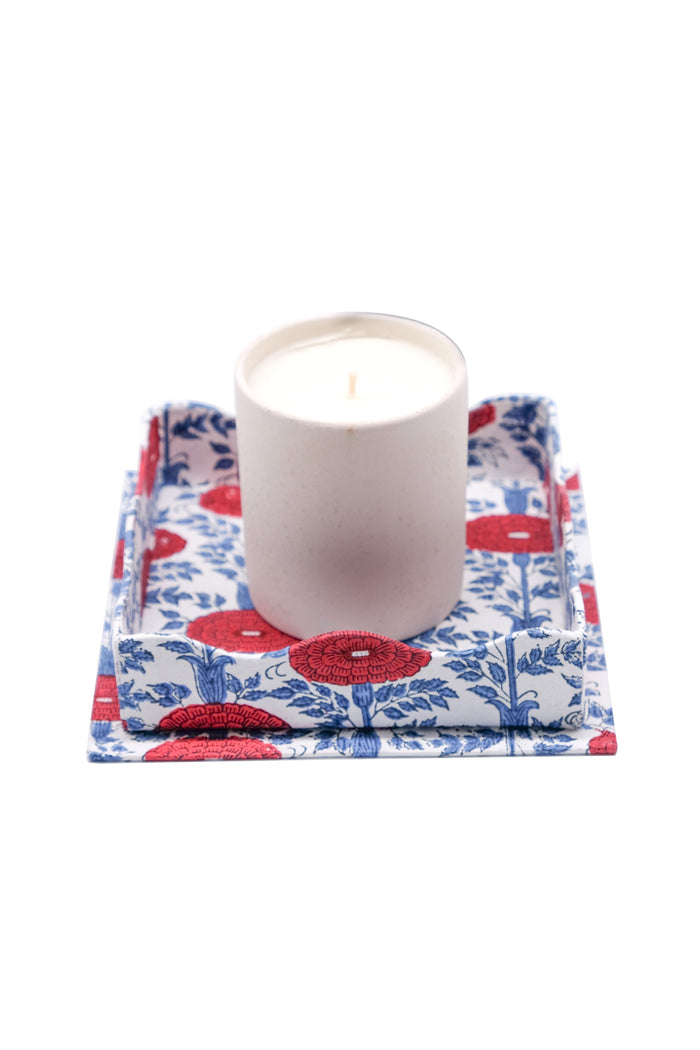 Araminta Blockprint Scalloped Cocktail Napkin and Trinket Tray — tray holding a separate candle; Inner Child
