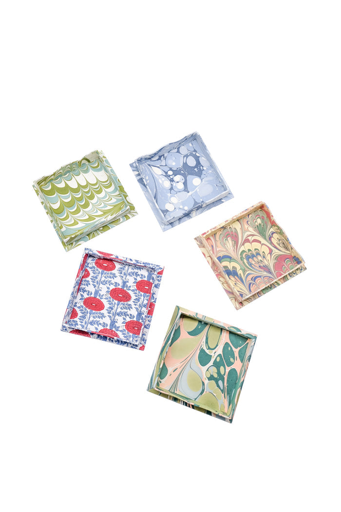Araminta Blockprint Scalloped Cocktail Napkin and Trinket Tray — Araminta tray beside separately sold patterned trays; Inner Child