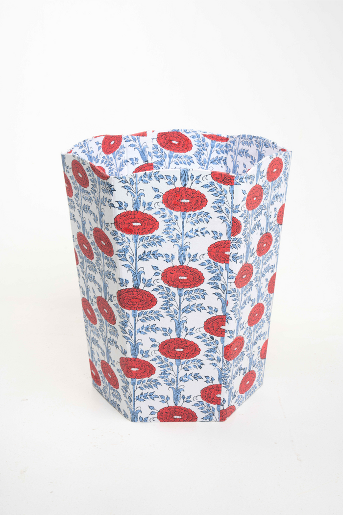 Araminta Blockprint Scalloped Wastebasket and Storage Bin — Araminta wastebasket with Red poppies and Blue leaves; Inner Child