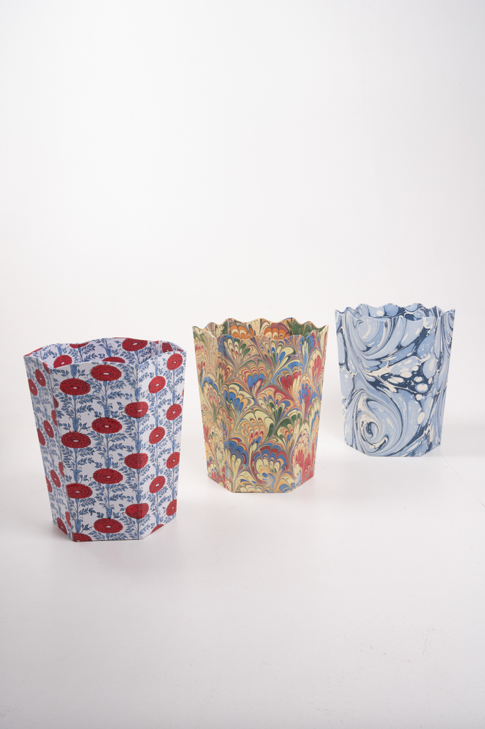 Araminta Blockprint Scalloped Wastebasket and Storage Bin — Araminta bin beside separately sold patterned bins; Inner Child