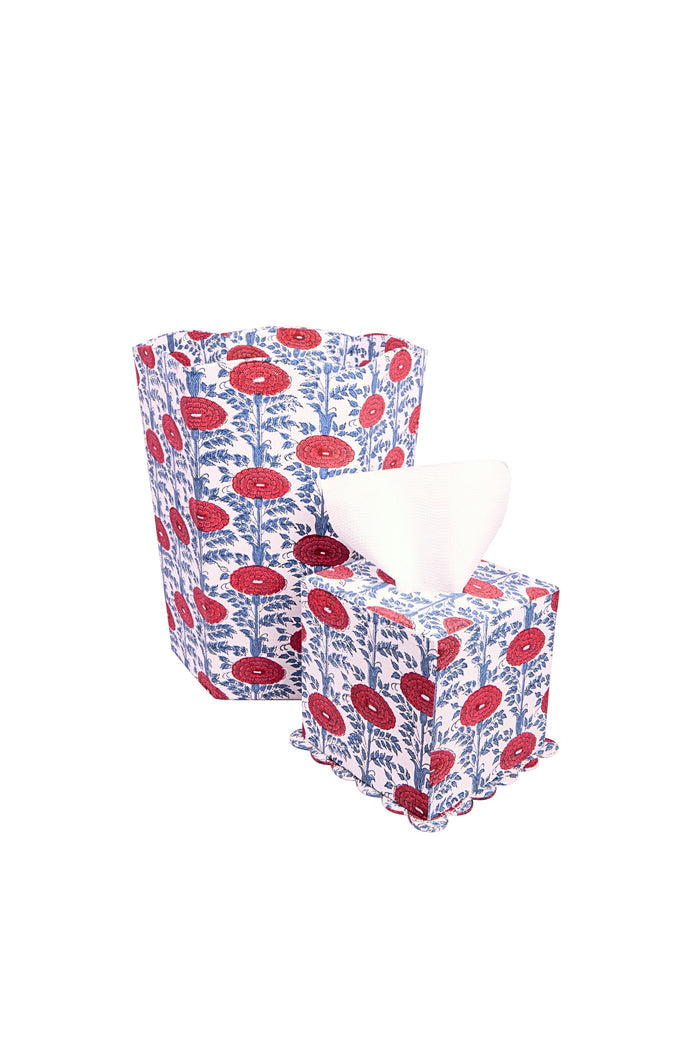 Araminta Blockprint Scalloped Wastebasket and Storage Bin — wastebasket beside a separately sold matching tissue box; Inner Child