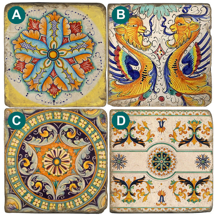 Set of four colorful, ornate marble coasters, each with a different traditional Italian pottery design.