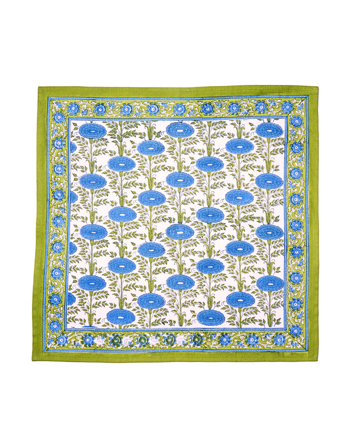 Blue Araminta Blockprint Cotton Napkins — Blue Araminta napkin showing Blue poppies and Green border; Inner Child