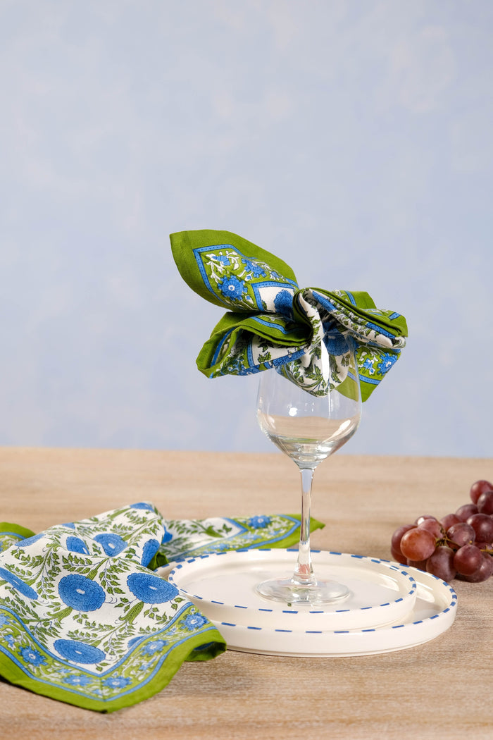 Blue Araminta Blockprint Cotton Napkins — napkin folded in a separate wine glass; Inner Child