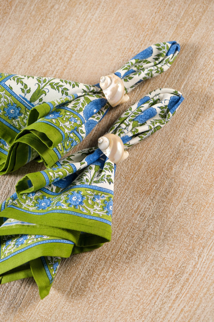 Blue Araminta Blockprint Cotton Napkins — gathered napkin held by a separate napkin ring; Inner Child