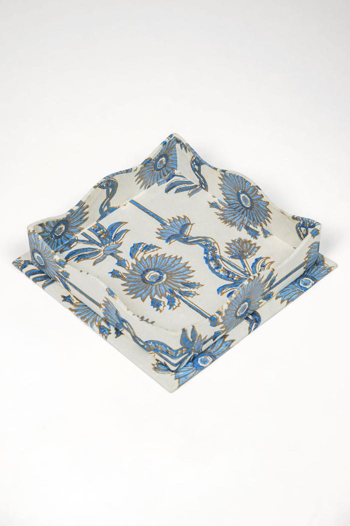 Blue Floral Vines Blockprint Scalloped Decorative Trays — Blue Floral Vines tray with scalloped sides; Inner Child