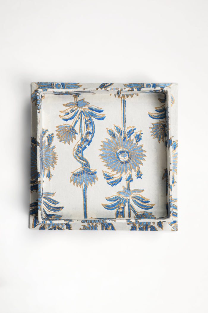 Blue Floral Vines Blockprint Scalloped Decorative Trays — overhead view of the Blue floral pattern; Inner Child