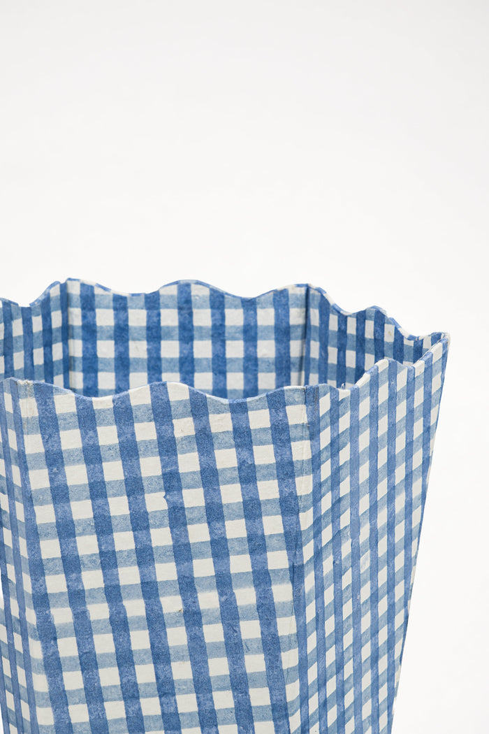 Blue Gingham Scalloped Wastebasket and Storage Bin — close view of the checked pattern and shaped edge; Inner Child