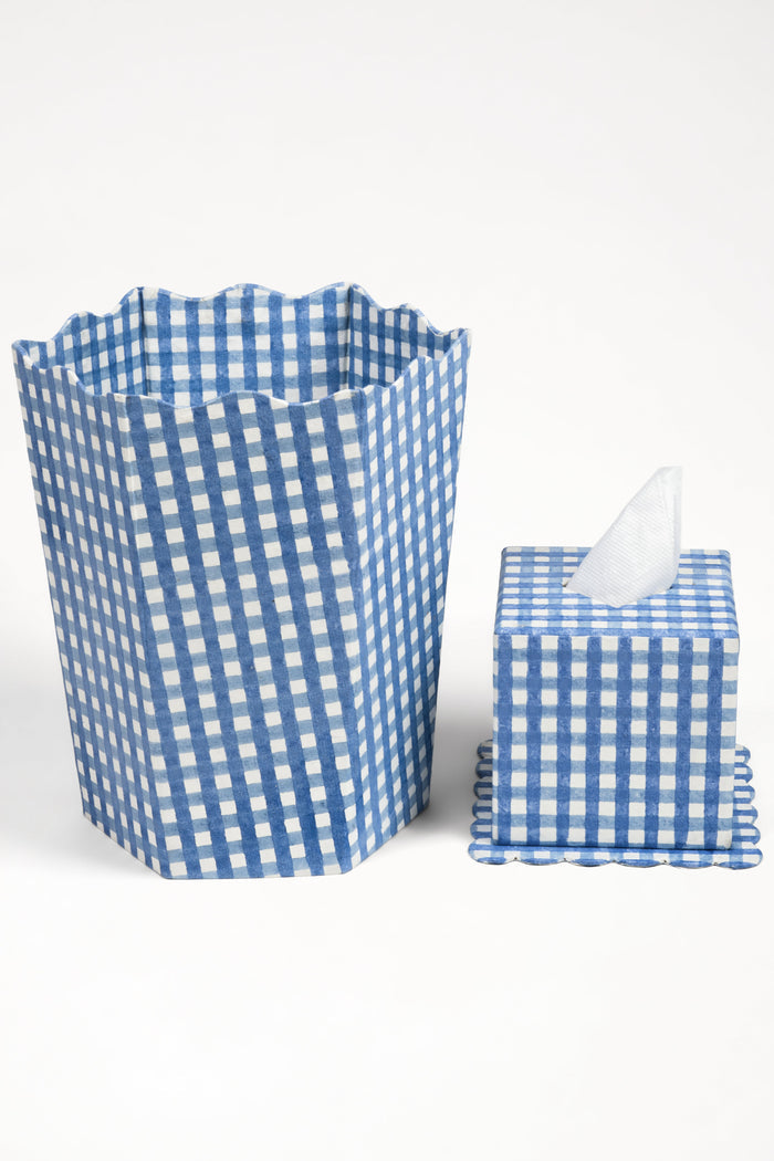 Blue Gingham Scalloped Wastebasket and Storage Bin — wastebasket beside a separately sold matching tissue box; Inner Child