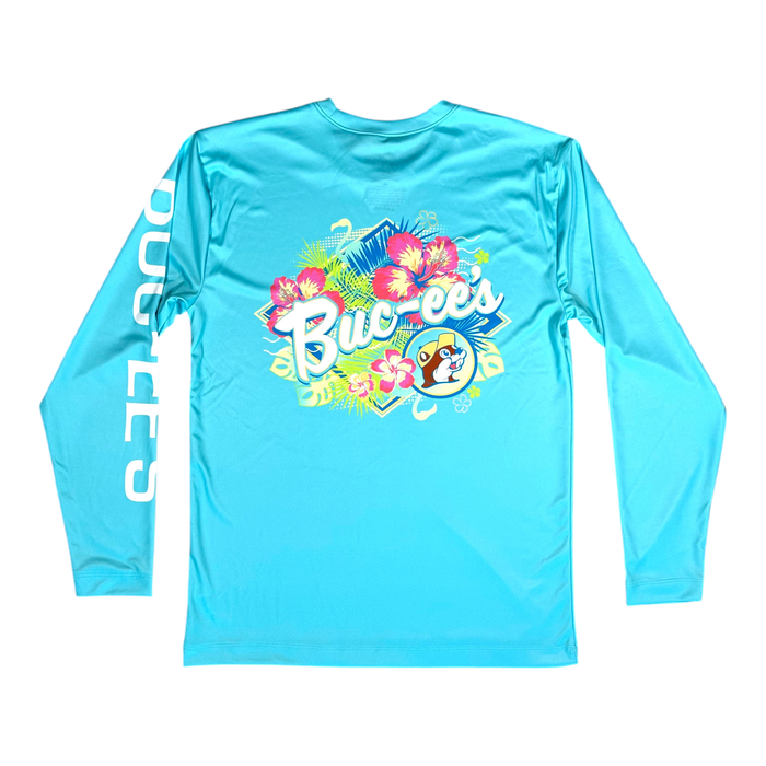 Buc-ee's turquoise long-sleeve shirt - tropical design