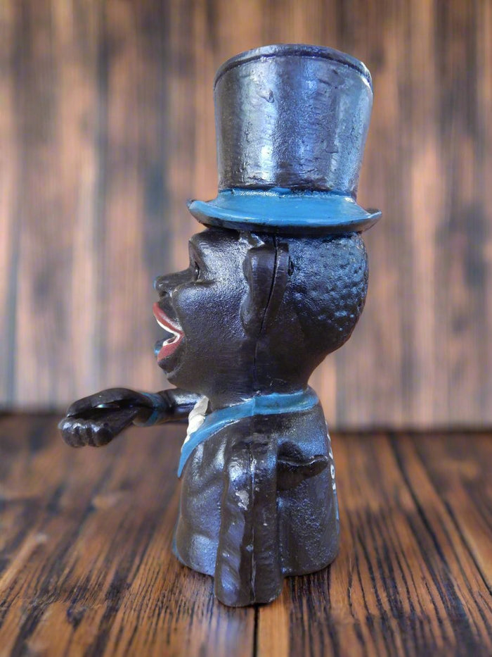 Cast Iron Mechanical Bank - Blue Suit Black Americana Man with Top Hat-Jantiques LLC.