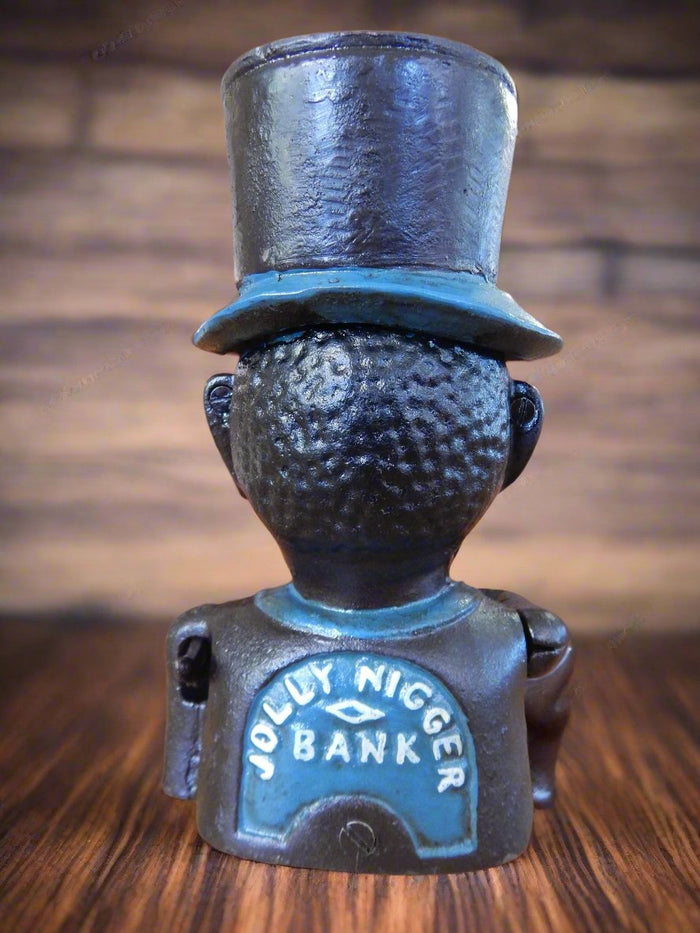 Cast Iron Mechanical Bank - Blue Suit Black Americana Man with Top Hat-Jantiques LLC.