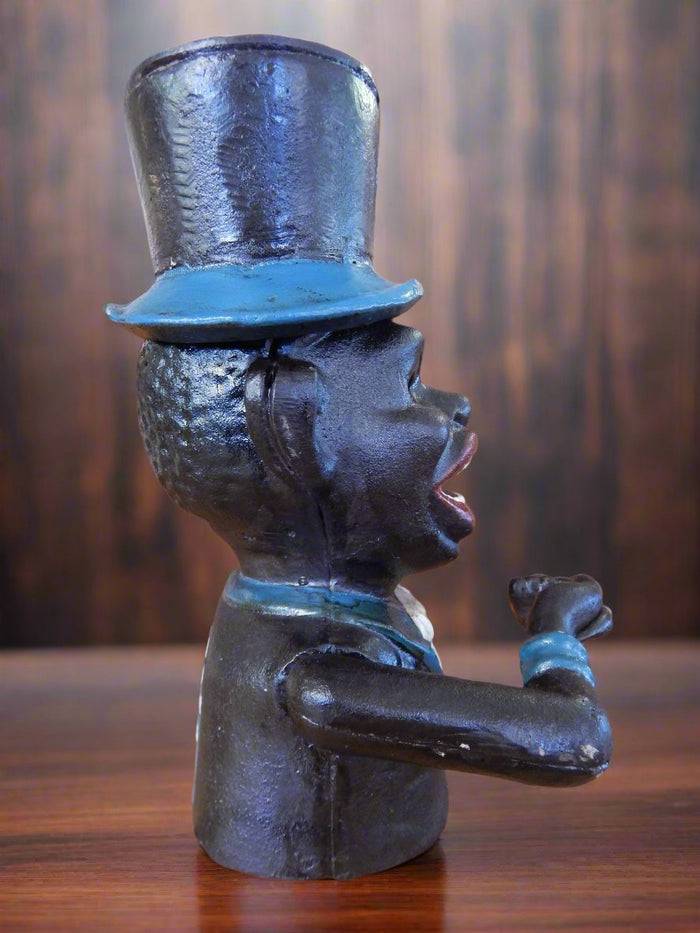 Cast Iron Mechanical Bank - Blue Suit Black Americana Man with Top Hat-Jantiques LLC.