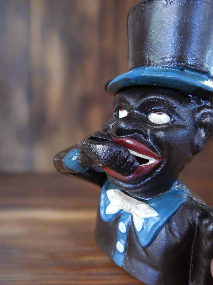 Cast Iron Mechanical Bank - Blue Suit Black Americana Man with Top Hat-Jantiques LLC.