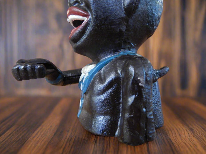 Cast Iron Mechanical Bank - Blue Suit Black Americana Man with Top Hat-Jantiques LLC.
