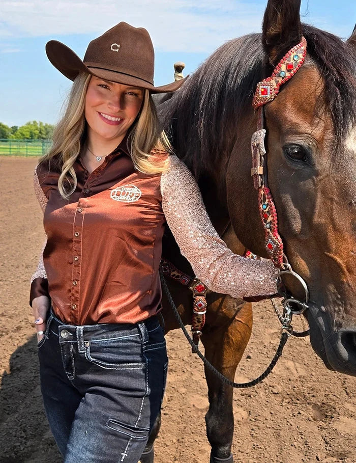 Cowgirl Tuff Brown Satin with Champagne Sequin Sleeves Pullover Shirt