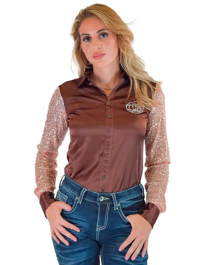 Cowgirl Tuff Brown Satin with Champagne Sequin Sleeves Pullover Shirt