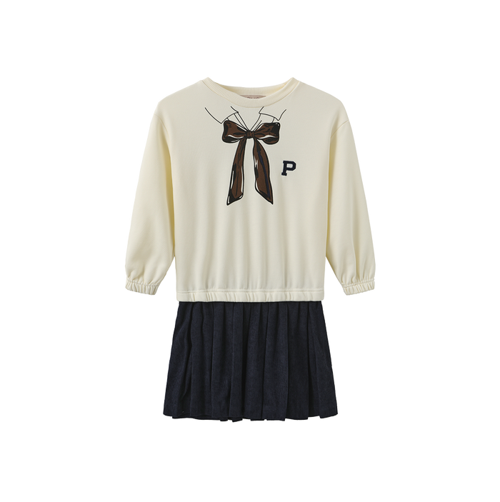 dress graphic bow tie sweat pleated bottom - cream