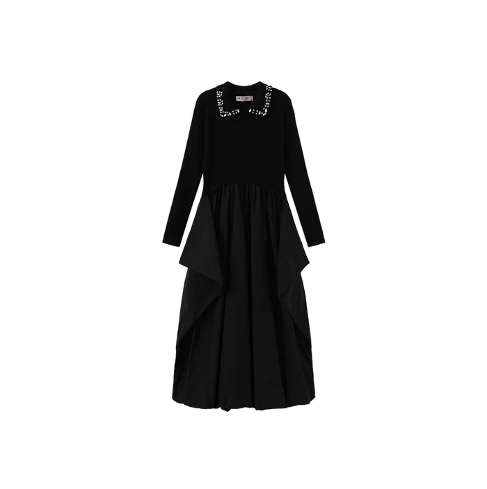 dress maxi knit collared bubble hem - black