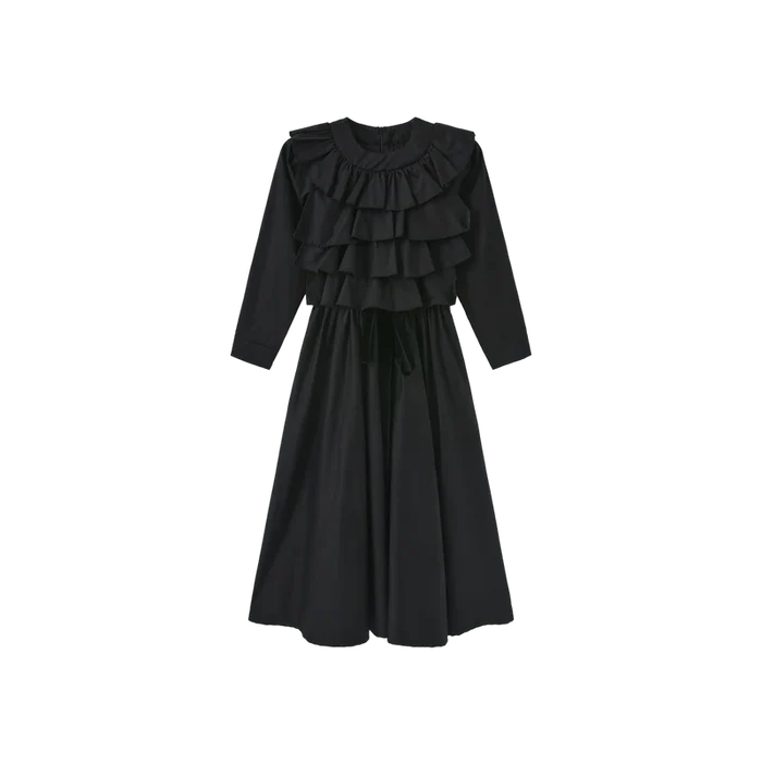 dress tafetta ruffle with velour tie - black