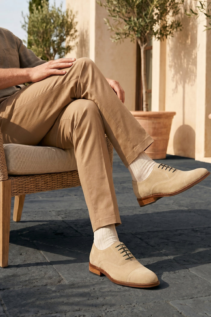 Model wearing Elise Sand Suede Oxford Shoe | Oswin Hyde