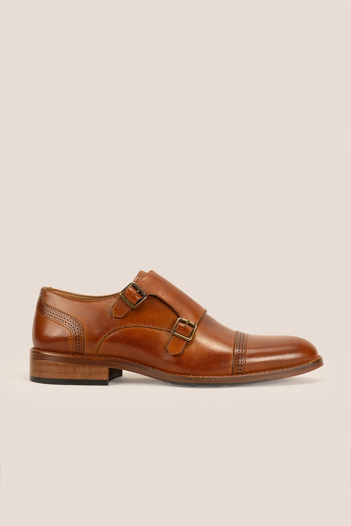 Ernest Tan monk leather men’s shoes with detailed toe cap, crafted from premium tan leather for formal and smart casual wear.