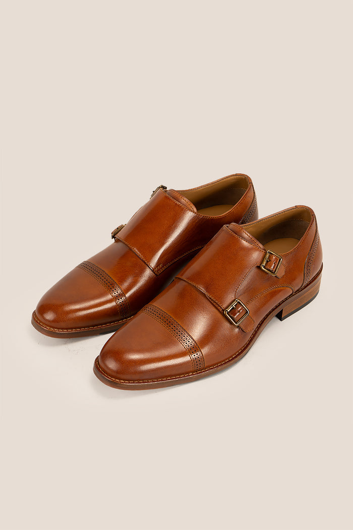 Ernest Tan monk leather men’s shoes with detailed toe cap, crafted from premium tan leather for formal and smart casual wear.
