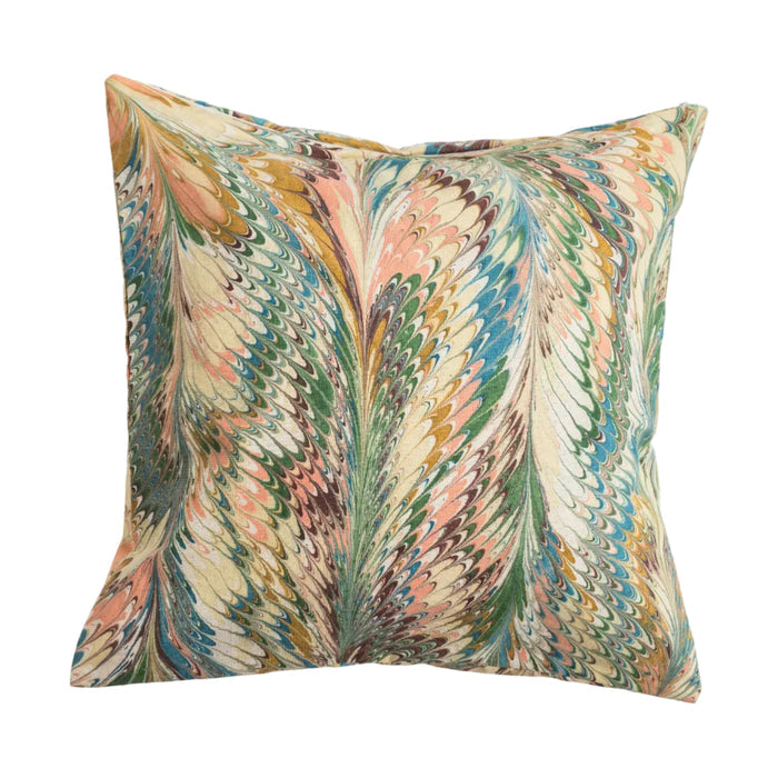 Flatiron Feathers Marbled Cotton Square Throw Pillow — Flatiron Feathers square pillow showing multicolor feathered marbling; Inner Child