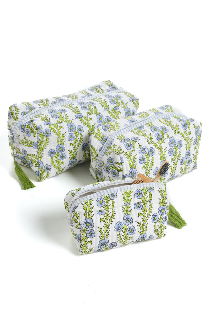 Forget-Me-Not Blue Blockprint Cotton Makeup Bag — Forget-Me-Not Blue wash bags showing three selectable sizes; Inner Child