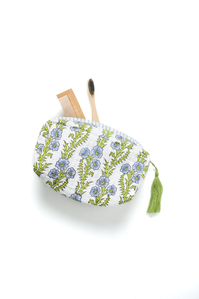 Forget-Me-Not Blue Blockprint Cotton Makeup Bag — open bag with separate grooming accessories; Inner Child