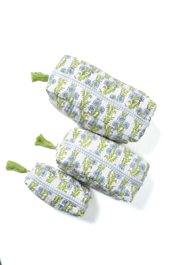 Forget-Me-Not Blue Blockprint Cotton Makeup Bag — stacked bags showing the floral stripe pattern; Inner Child