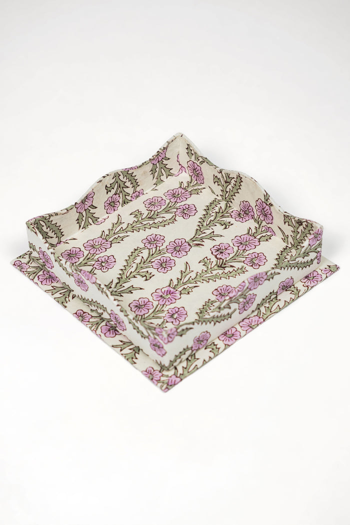 Forget-Me-Not Purple Blockprint Scalloped Decorative Trays — Purple Forget-Me-Not tray with scalloped sides; Inner Child