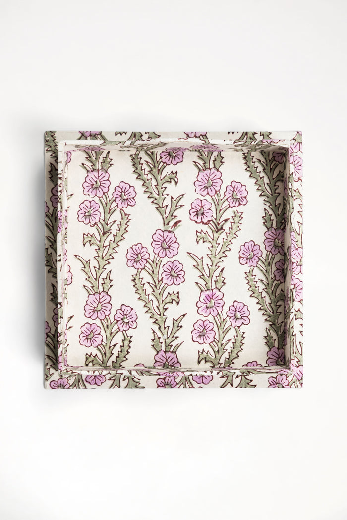 Forget-Me-Not Purple Blockprint Scalloped Decorative Trays — overhead view of the floral pattern and square tray; Inner Child