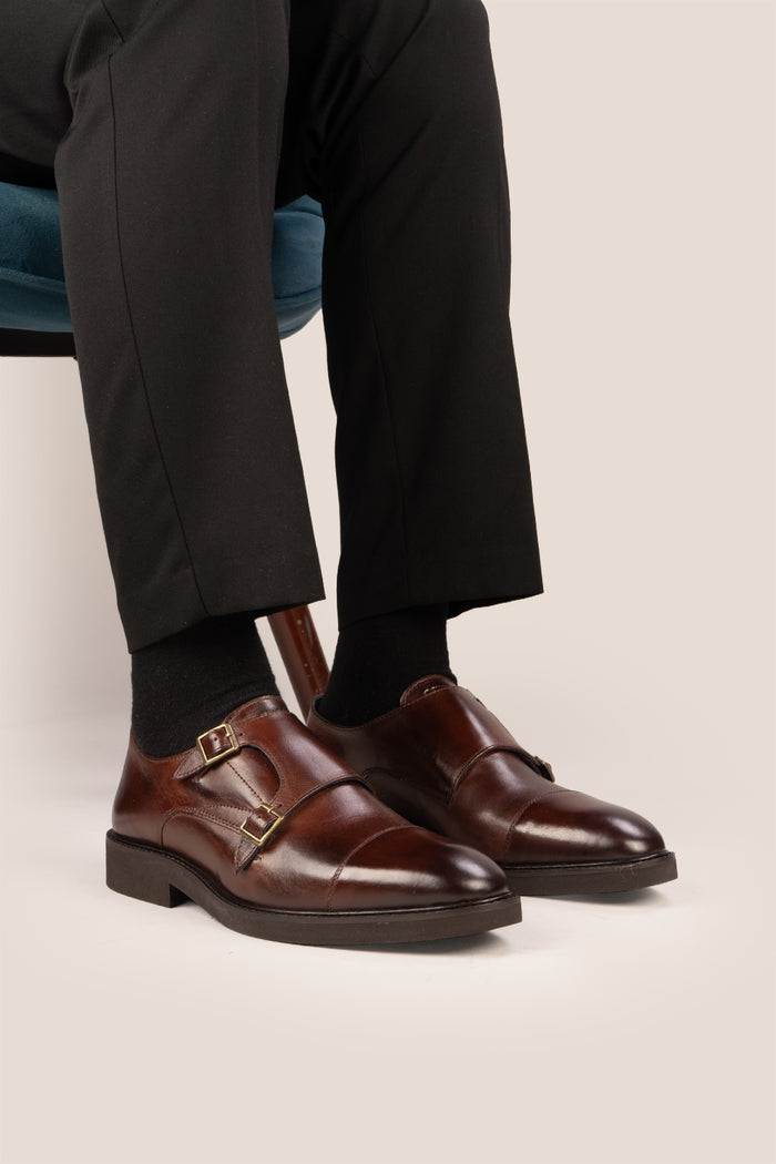 Garson brown monk strap leather men’s shoes with premium craftsmanship, sleek design, and classic buckle detail for formal and office wear.
