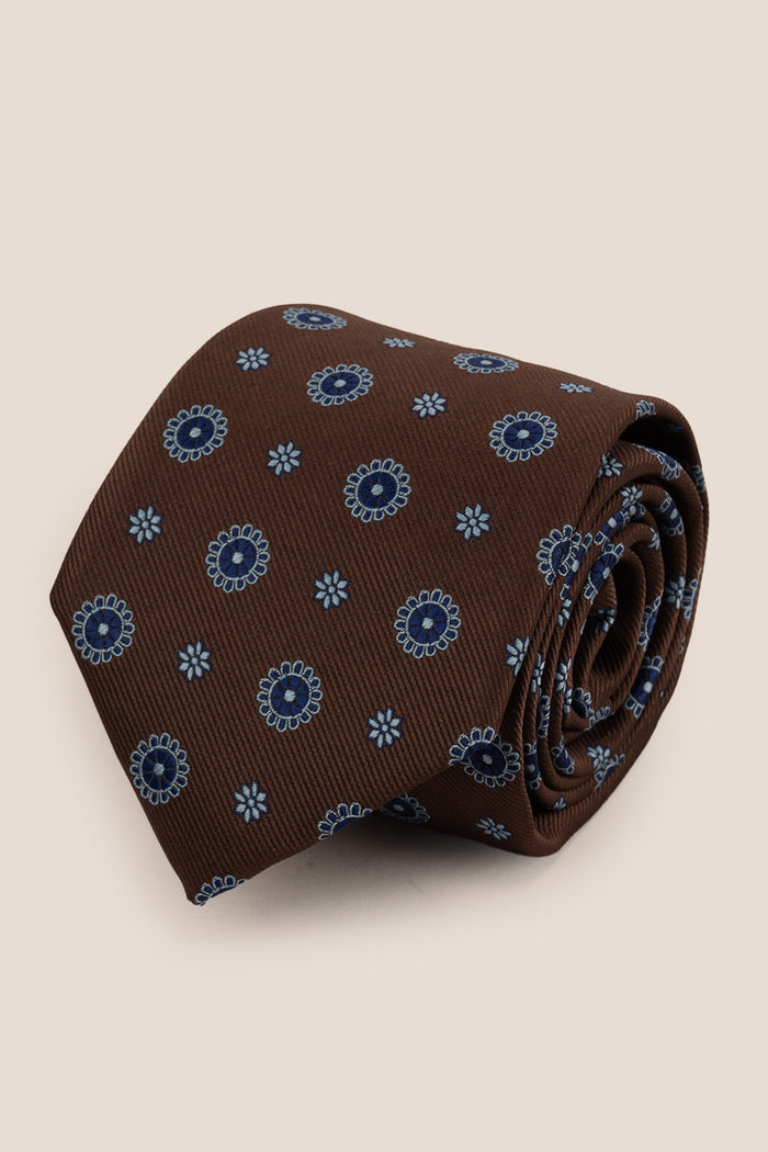 Geometric Brown Blue tie with intricate design, ideal for weddings, office meetings, and formal occasions.