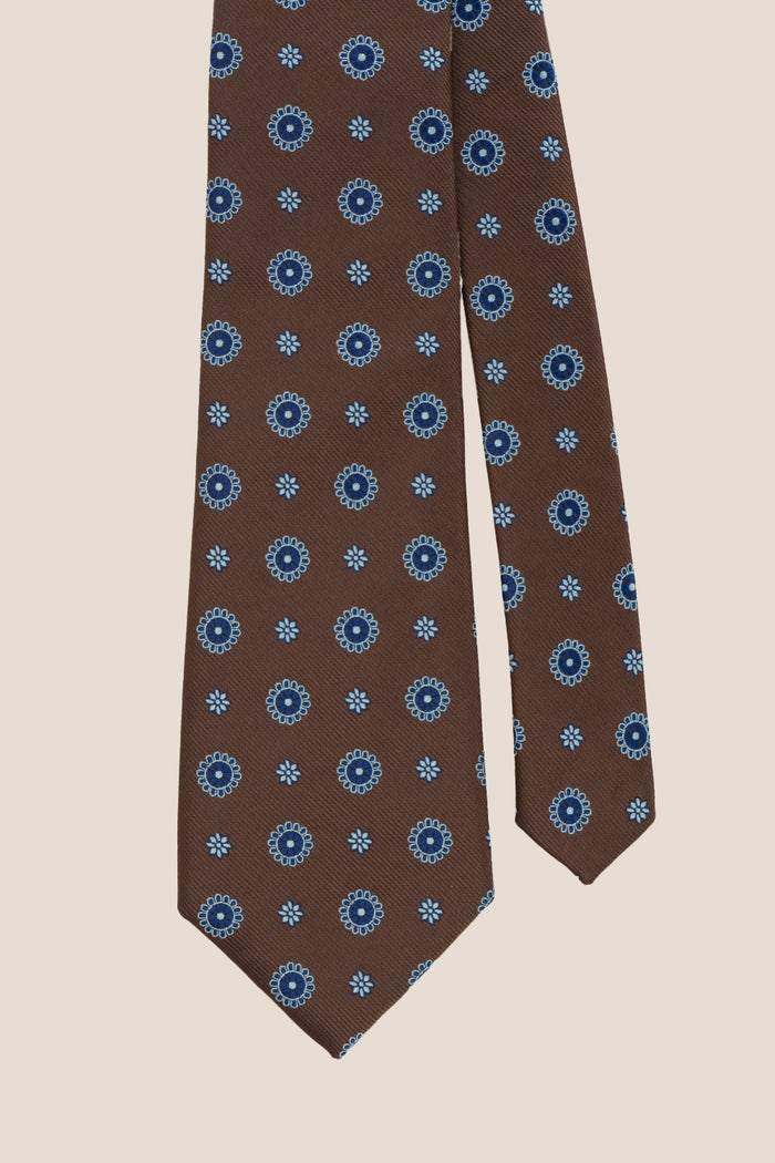 Geometric Brown Blue tie with intricate design, ideal for weddings, office meetings, and formal occasions.