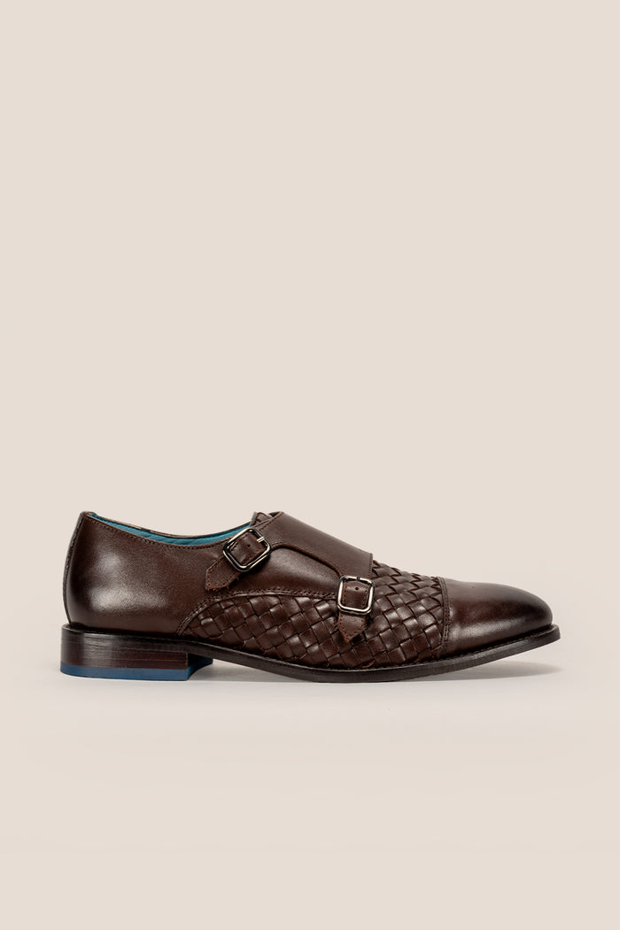 Hudson brown woven toecap monk leather shoes for men – premium leather shoes with a woven front design and elegant monk strap closure.