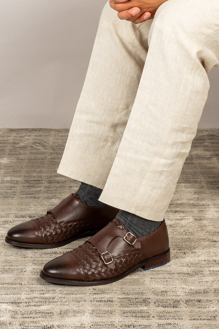 Hudson brown woven toecap monk leather shoes for men – premium leather shoes with a woven front design and elegant monk strap closure.