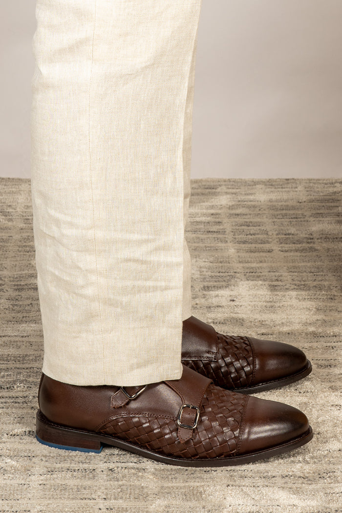 Hudson brown woven toecap monk leather shoes for men – premium leather shoes with a woven front design and elegant monk strap closure.